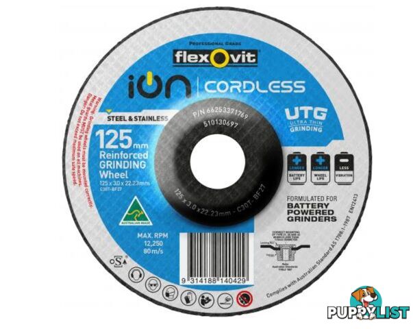 Grinding Wheel Ion Cordless 125 X 3.0 X 22.23 mm Steel/Inox Type 27 CA Flexovit 66253371769