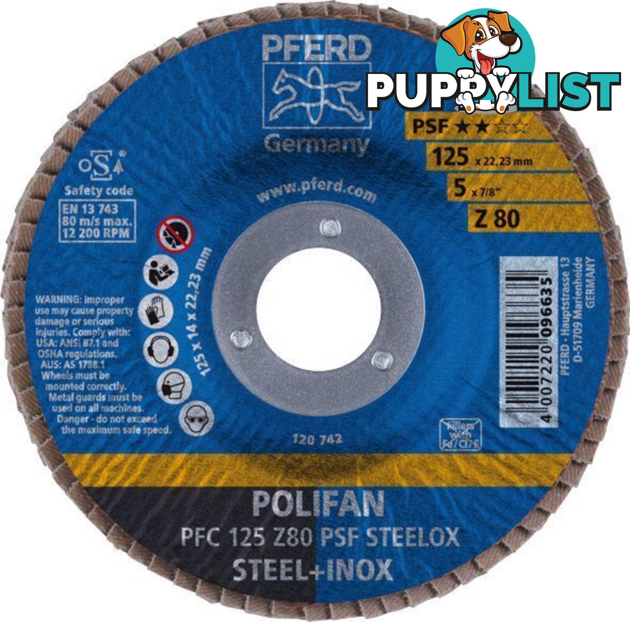 Polifan Flap Disc 125mm 5" 80G GP Zirconia Inox 67770128 each