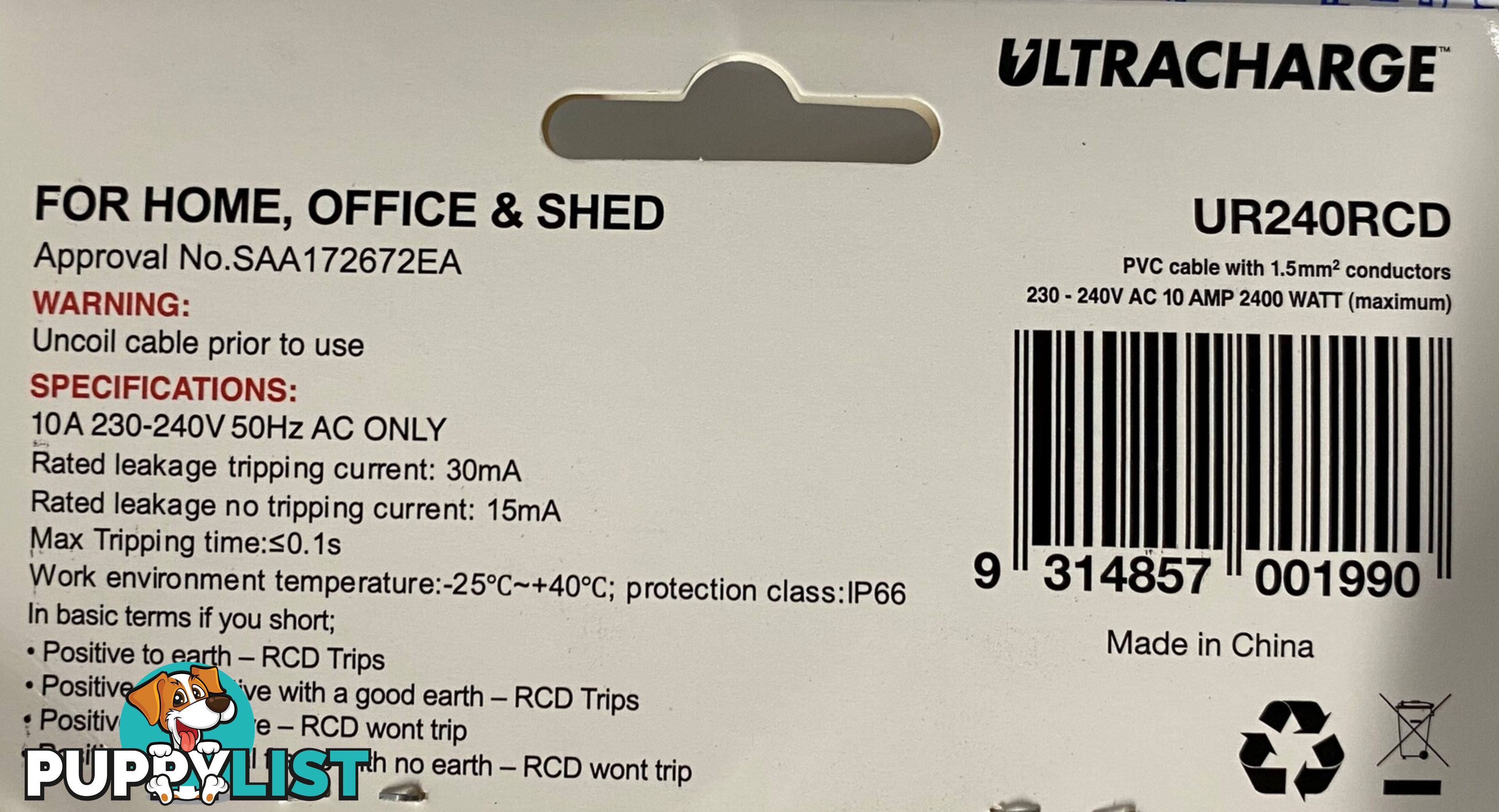 Extension Lead Ultracharge With Inline RCD 2 Metres 240V 10Amps UR240RCD