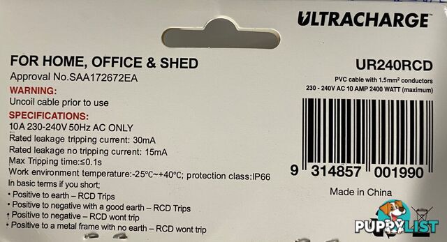 Extension Lead Ultracharge With Inline RCD 2 Metres 240V 10Amps UR240RCD