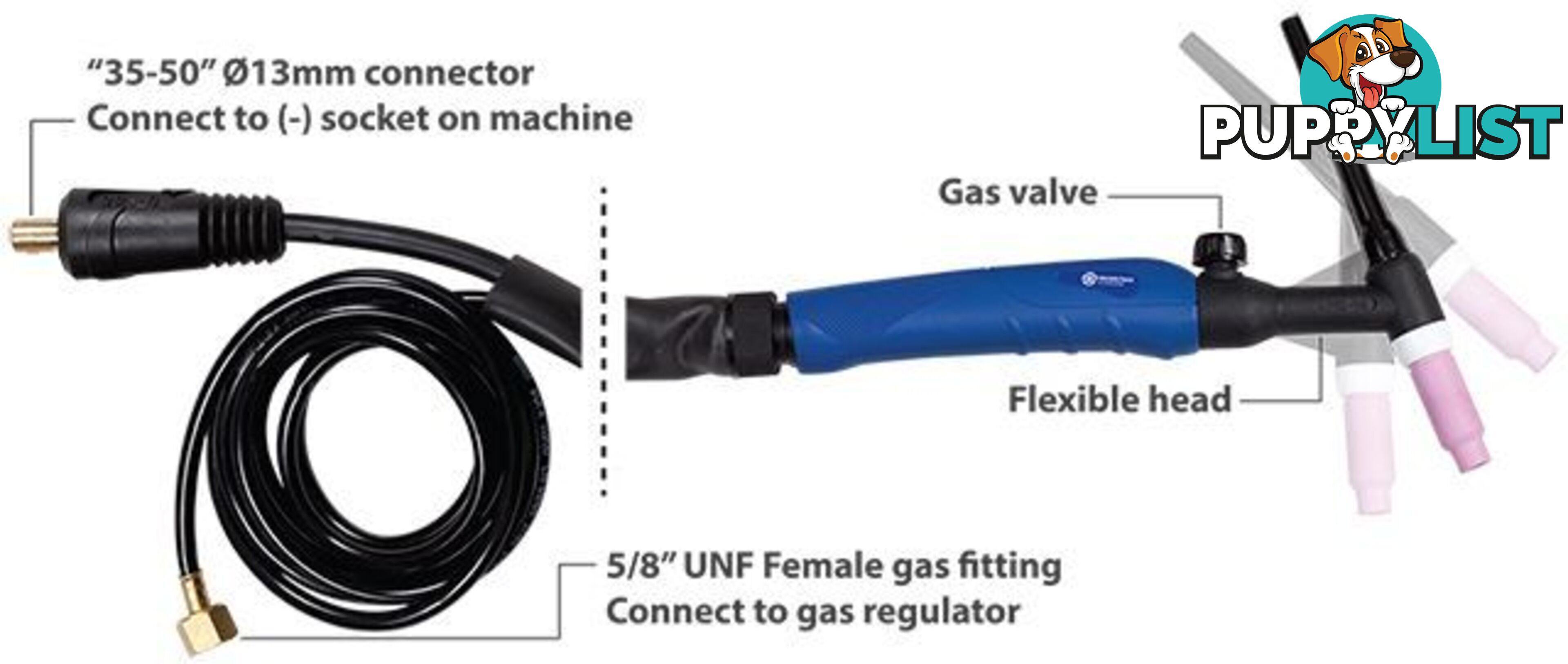 TIG Torch 26FV 4m with large 35-50/13mm connector & 5/8" UNF gas fitting Weldclass WC-01046