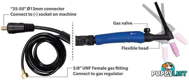 TIG Torch 26FV 4m with large 35-50/13mm connector & 5/8" UNF gas fitting Weldclass WC-01046