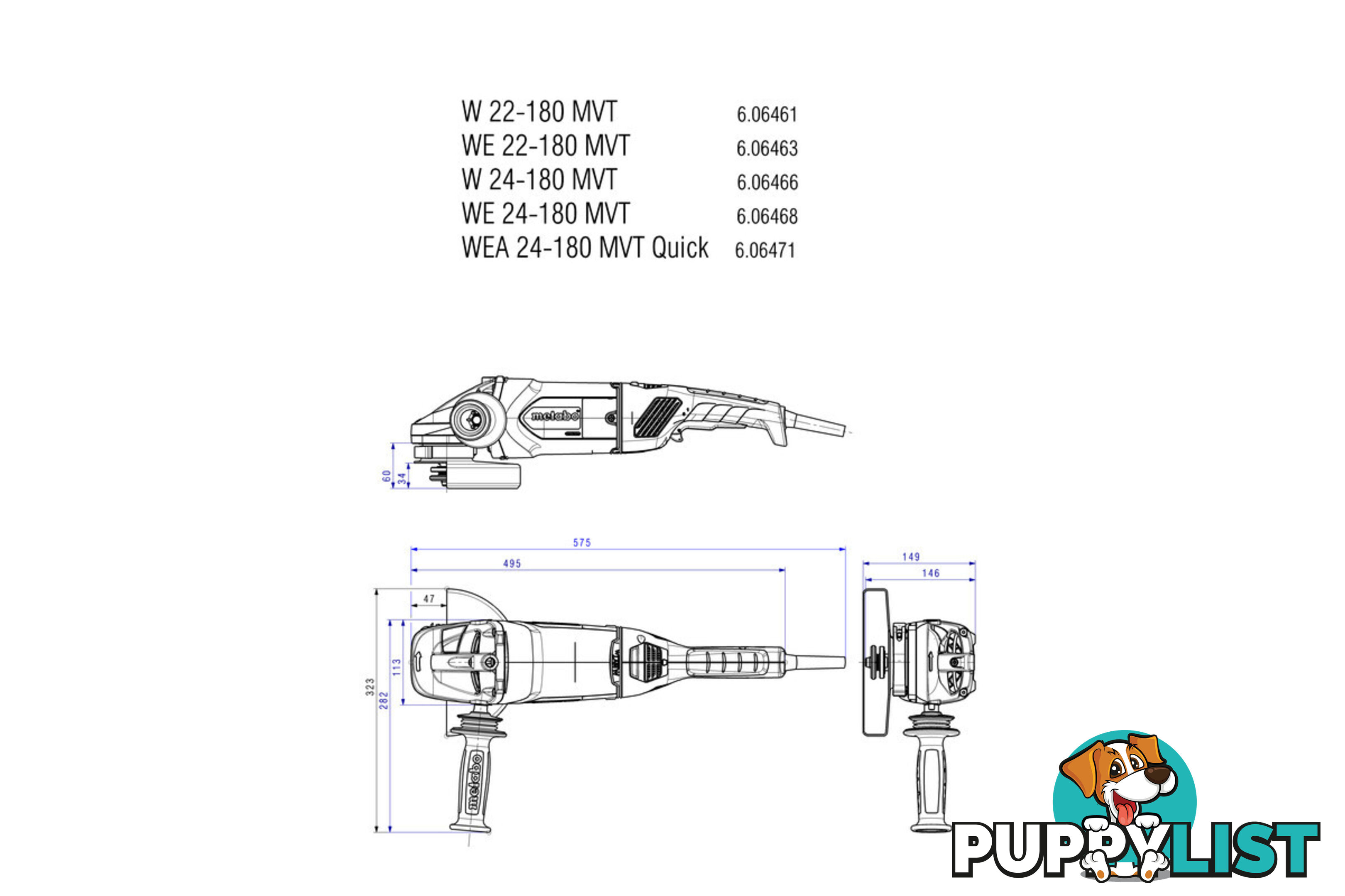 Angle Grinder 180mm (7") 2200W W 22-180 MVT (606461190)