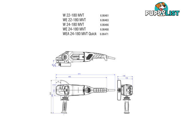 Angle Grinder 180mm (7") 2200W W 22-180 MVT (606461190)