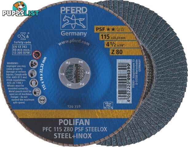 Polifan Flap Disc 115mm 4.5'' 80G GP Inox Zirconia Pferd 67770118 Pack of 5