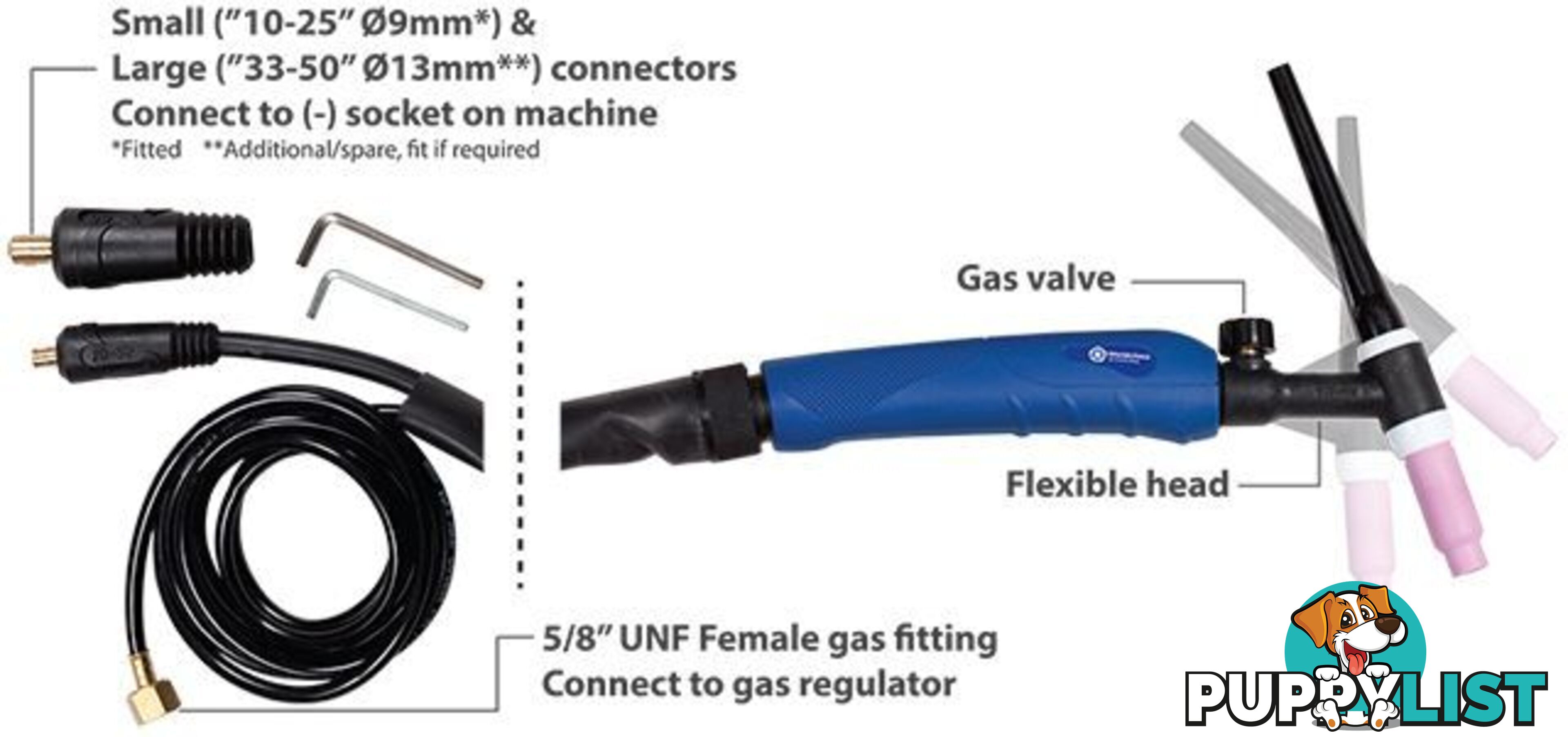 TIG Torch 17FV 4 Metres With Both 10-25 & 35-50 Connectors (with fitting tools) & 5/8" UNF Gas Fitting Weldclass WC-00992