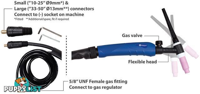 TIG Torch 17FV 4 Metres With Both 10-25 & 35-50 Connectors (with fitting tools) & 5/8" UNF Gas Fitting Weldclass WC-00992