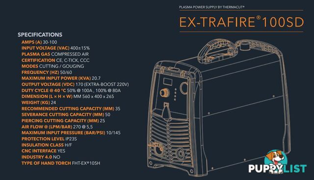 Plasma Cutter 100SD With 15 Metres Mechanized Torch Ex-Trafire EX100SD-M15M