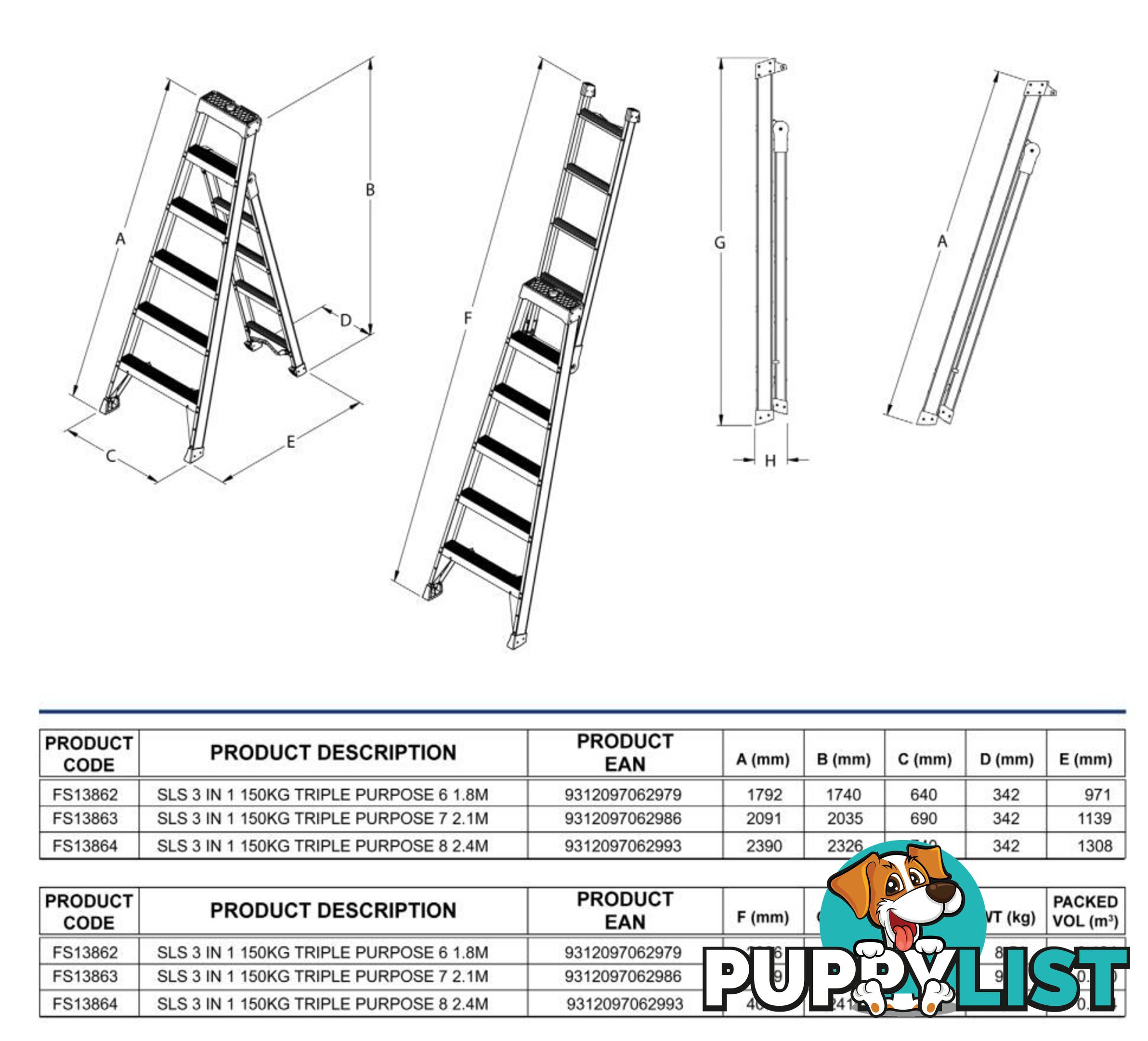 Aluminium Ladder 2.1 Metres Multipurpose Step/Leaning/Straight Bailey FS13863