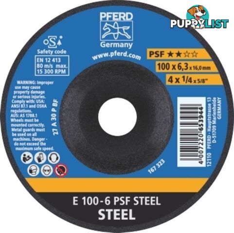 Depressed Centre Grinding Wheel 4'' General Purpose Steel Pferd 62010634