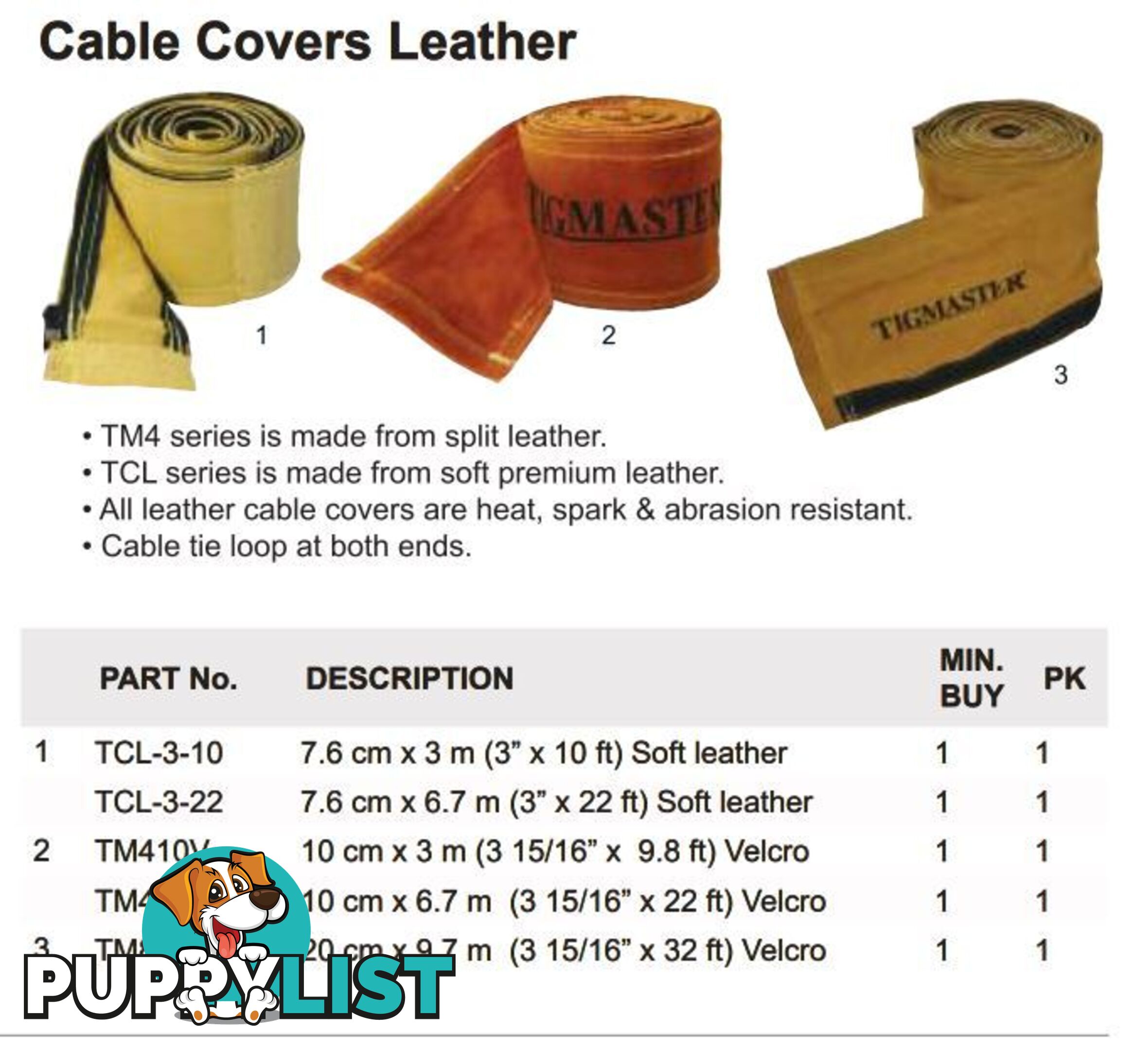 Leather Cable Cover 3" Width 10 Ft (3 Metres) Long For TIG Torches TCL-3-10