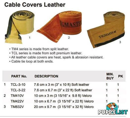 Leather Cable Cover 3" Width 10 Ft (3 Metres) Long For TIG Torches TCL-3-10