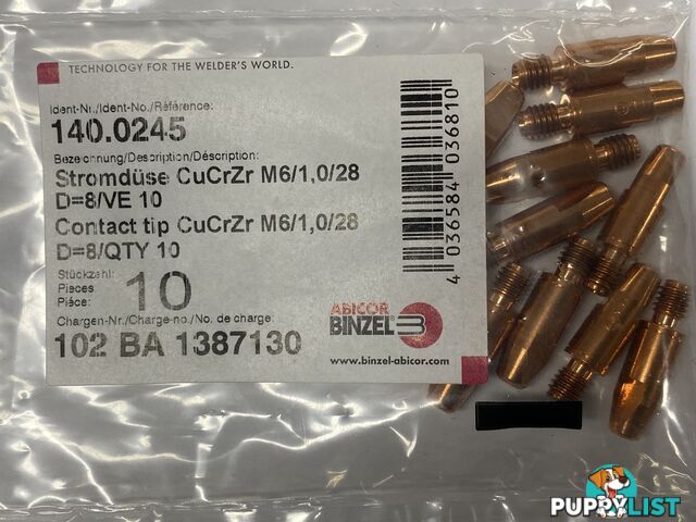 CuCrZr 1.0mm M6 8mm CCZ Contact Tip Heavy Duty Binzel P140.0245 Pkt : 10