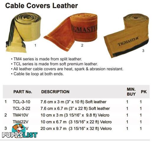 Leather Cable Cover 3" Width 22 Ft (7.6cmx6.7 Metres) Long For TIG Torches TCL-3-22