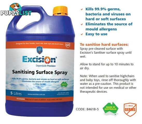 Sanitiser Surface Spray 5 Litres 70% Alcohol Excision 84618-5