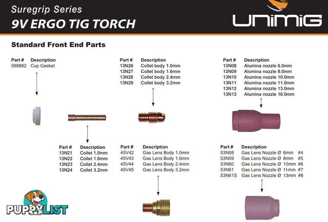 9V TIG Torch 8 Metres 10/25 Type Dinse Unimig 9V-8MCP25