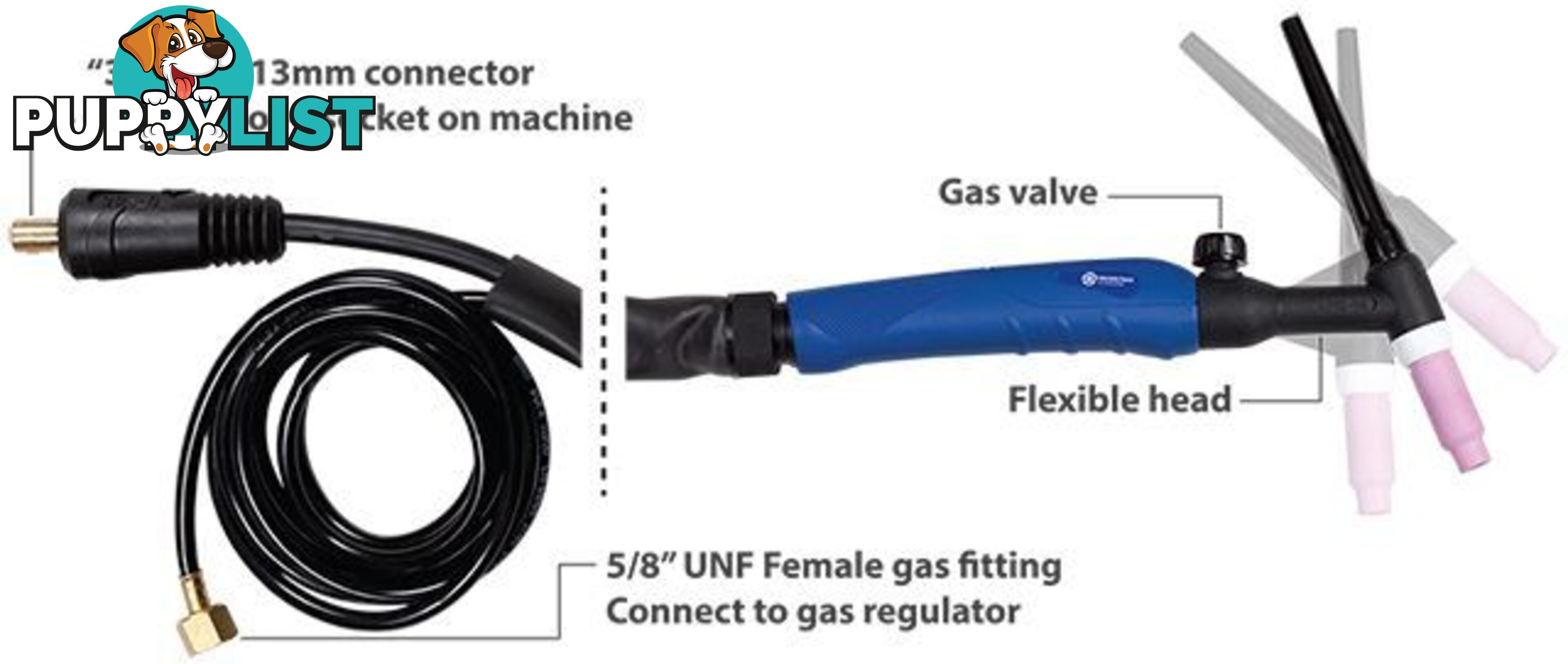 TIG Torch 26FV 8m with large 35-50/13mm connector & 5/8" UNF gas fitting Weldclass WC-01049