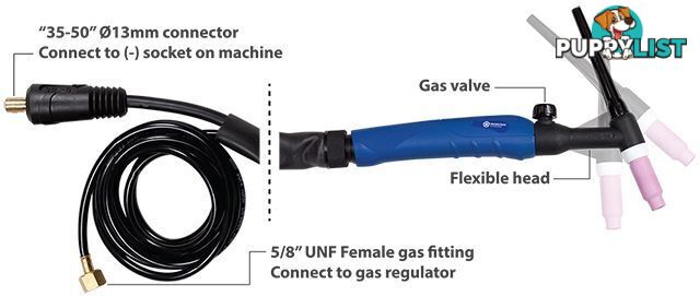 TIG Torch 26FV 8m with large 35-50/13mm connector & 5/8" UNF gas fitting Weldclass WC-01049