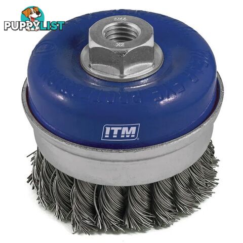 Twist Knot Cup Brush Steel 75mm With Band With Multi Bore Thread Adaptors ITM TM7001-075