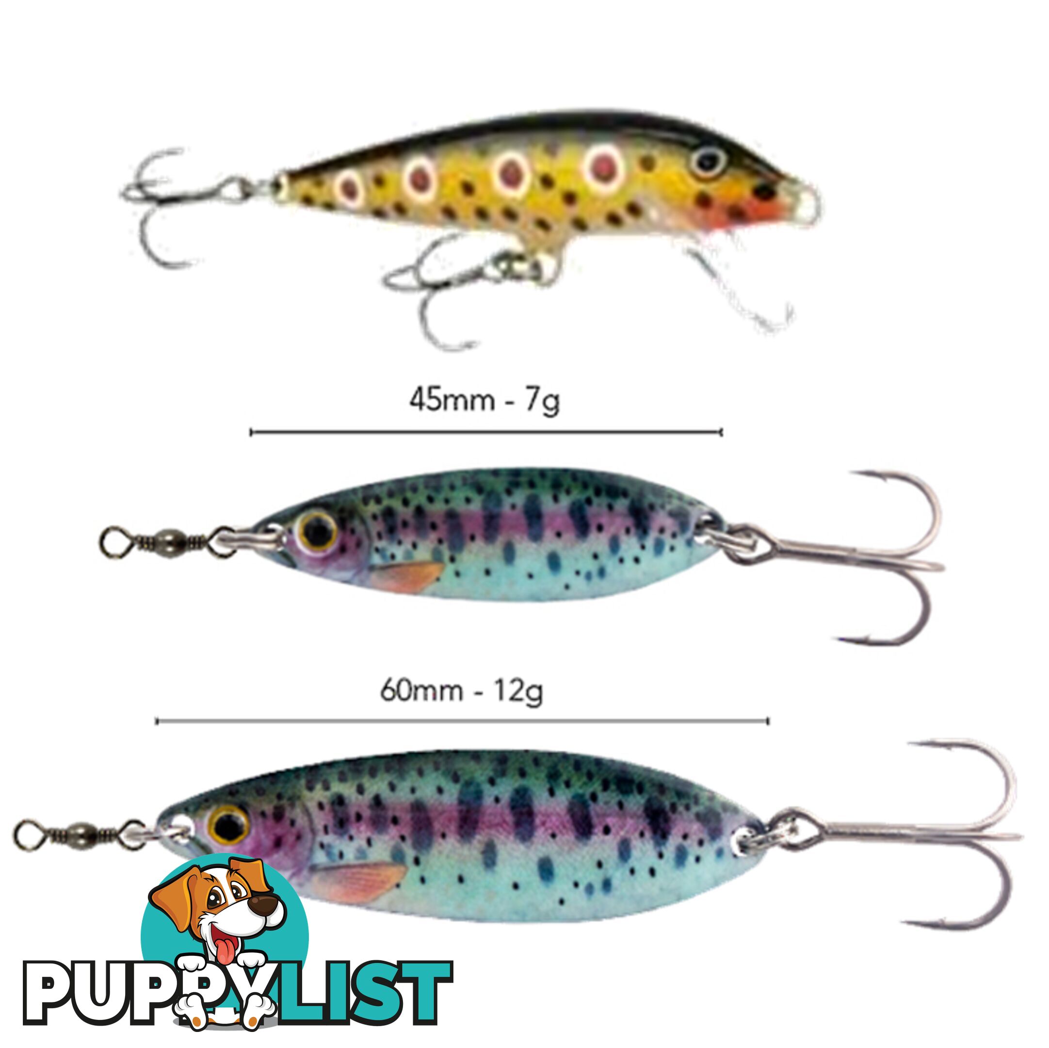 BLACK MAGIC ENTICER TROUT 60MM & 45MM + RAPALA F-7 SPOTTED DOG PACK - BLACK MAGIC