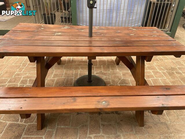 Timber picnic table and Coolaroo Aluminium Market Umbrella with concrete base.