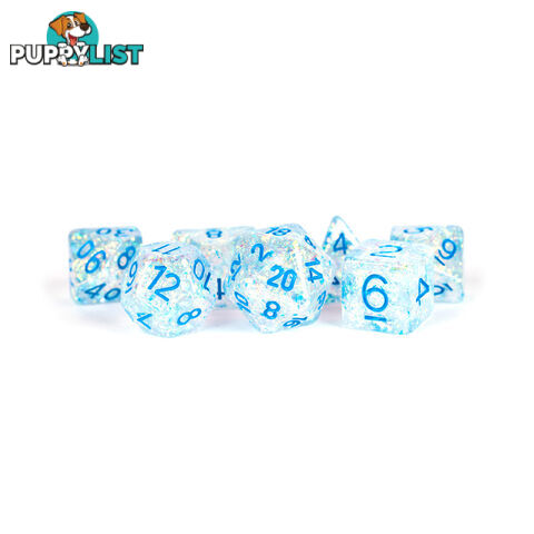 MDG Metallic Dice Games Clear Resin With Light Blue Numbers - 7 Polyhedral Dice Set - Metallic Dice Games LLC - Tabletop Accessory GTIN/EAN/UPC: 680599383854