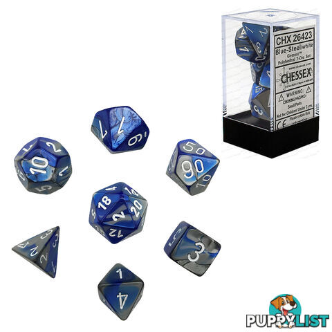 Chessex Gemini Polyhedral 7-Die Dice Set (Blue/Steel & White) - Chessex - Tabletop Accessory GTIN/EAN/UPC: 850365002122