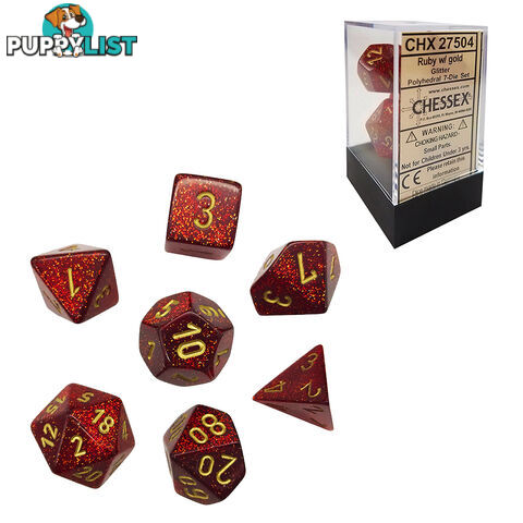 Chessex Glitter Polyhedral 7-Die Dice Set (Ruby & Gold) - Chessex CHX27504 - Tabletop Accessory GTIN/EAN/UPC: 601982025076