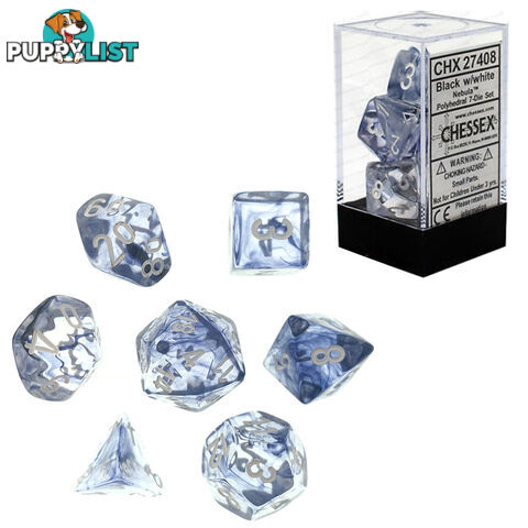 Chessex Nebula Polyhedral 7-Die Dice Set (Black/Clear & White) - Chessex - Tabletop Accessory GTIN/EAN/UPC: 601982024574