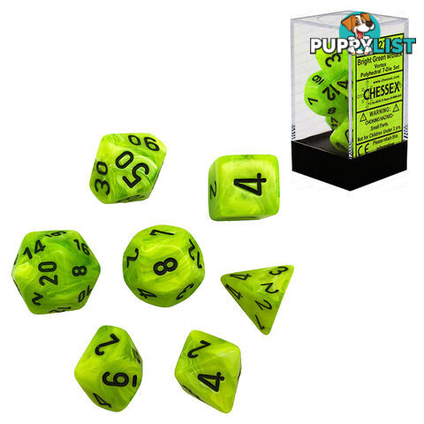 Chessex Vortex Polyhedral 7-Die Dice Set (Bright Green & Black) - Chessex CHX27430 - Tabletop Accessory GTIN/EAN/UPC: 601982024710