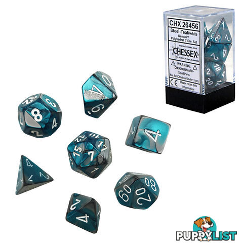 Chessex Gemini Polyhedral 7-Die Dice Set (Steel/Teal & White) - Chessex - Tabletop Accessory GTIN/EAN/UPC: 601982023102