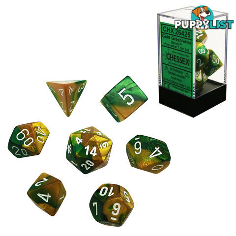 Chessex Gemini Polyhedral 7-Die Dice Set (Gold/Green & White) - Chessex - Tabletop Accessory GTIN/EAN/UPC: 601982022884