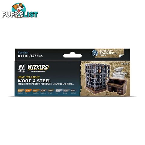 Wizkids Premium Paint Set By Vallejo: Wood & Steel - Acrylicos Vallejo S.L. - Tabletop Miniatures GTIN/EAN/UPC: 8429551802567