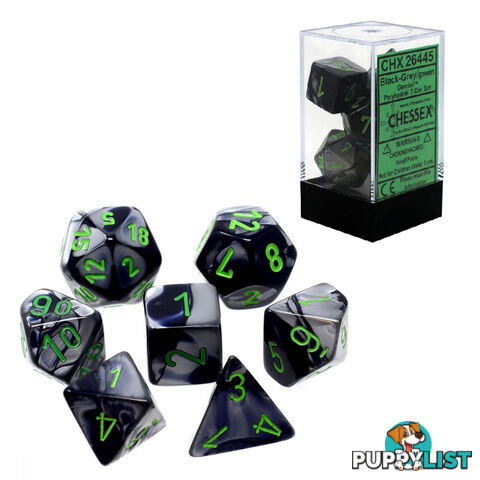 Chessex Gemini Polyhedral 7-Die Dice Set (Black & Grey/Green) - Chessex - Tabletop Accessory GTIN/EAN/UPC: 709619015039