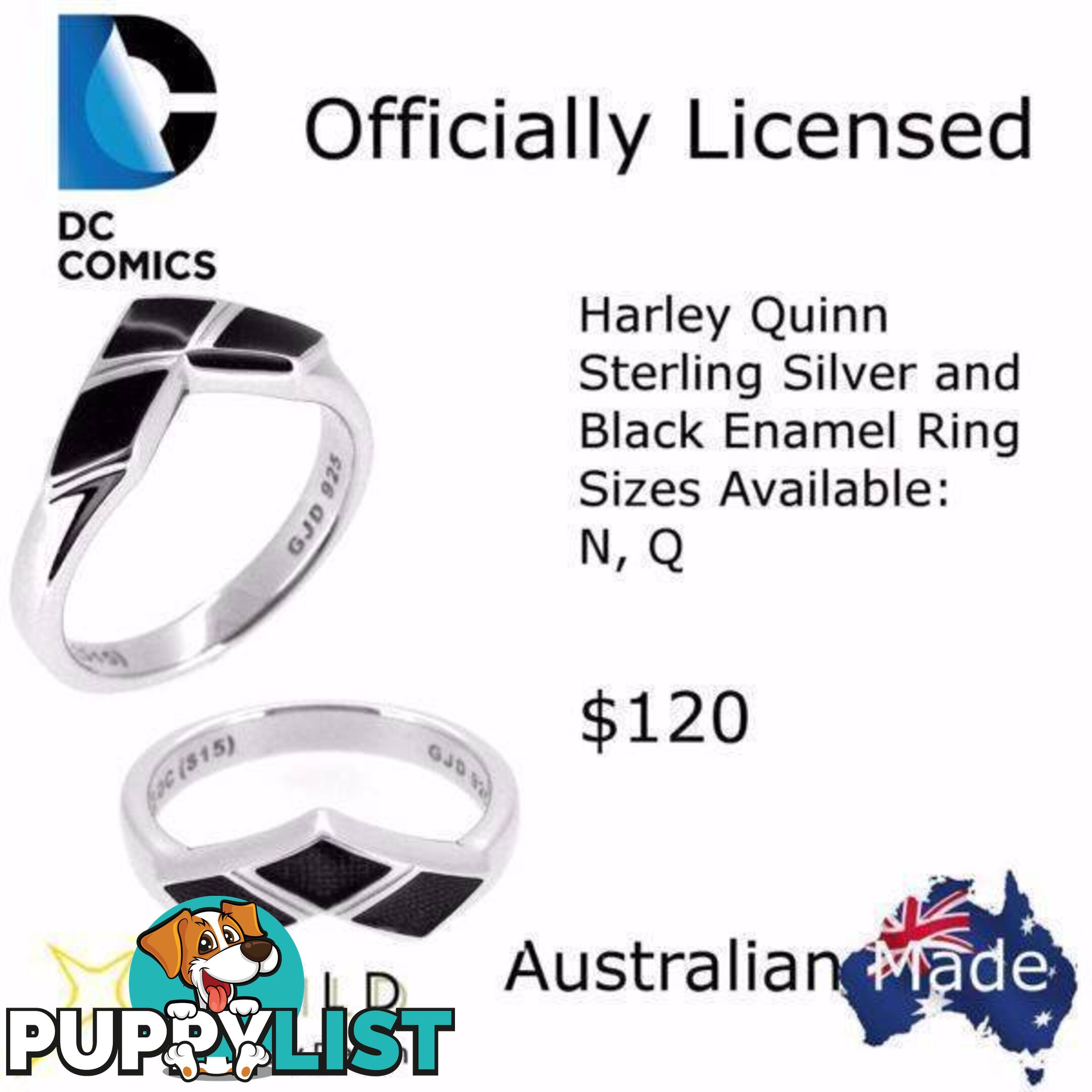 Harley Quinn Sterling Silver and Enamel Ring