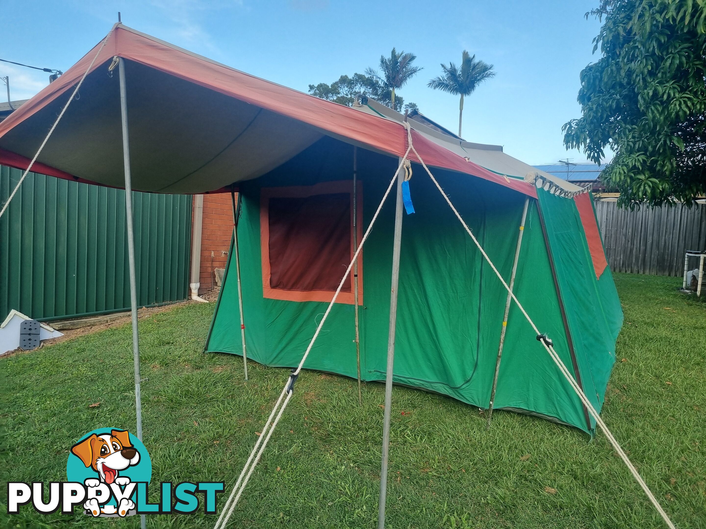 12 Man 2 Room Canvas , Steel Framed Family Tent with Front and Side Awning