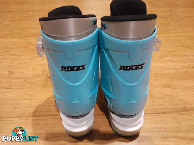 ROCES IDEA UP SKI BOOTS WHITE LIGHT BLUE 16-18.5 AGE 2-5 YEARS MALVERN EAST MELBOURNE