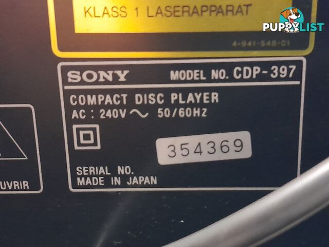 COMPACT DISC PLAYER SONY CDP-397 SINGLE CD PLAYER MALVERN EAST MELBOURNE