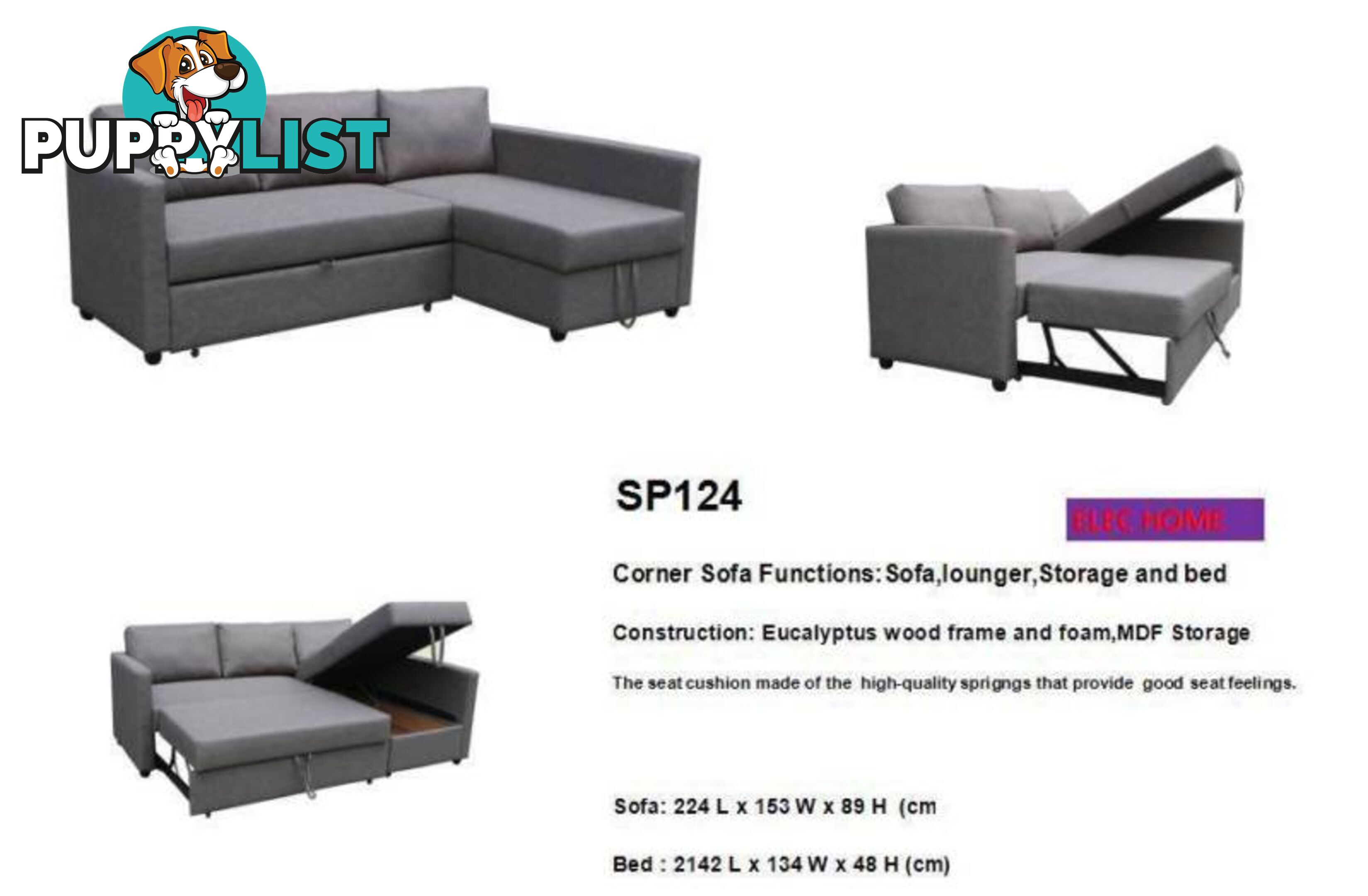 Brand New Grey Fabric L Shape Storage Sofa Bed Couch Loung(SP124)