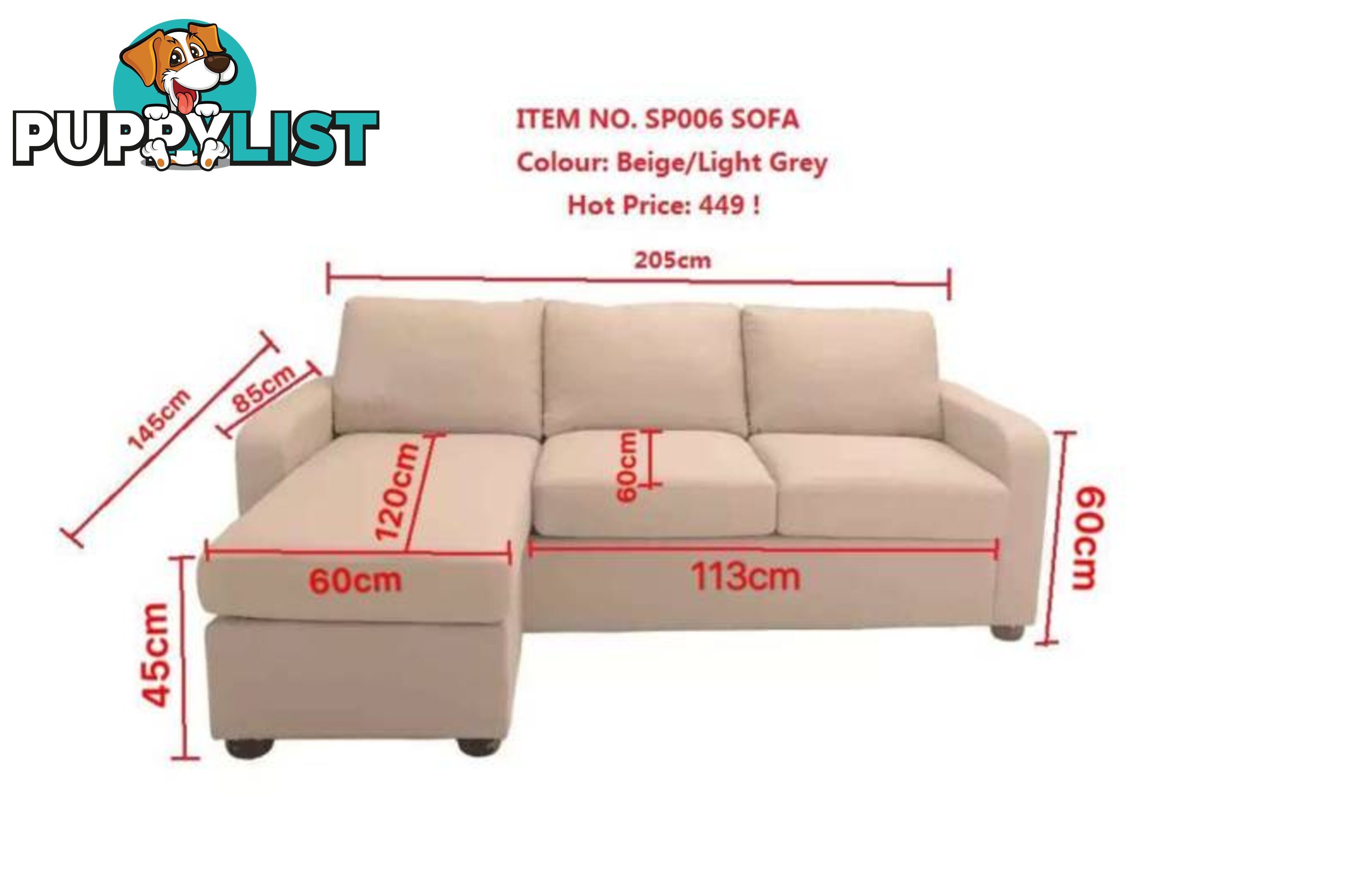 Brand New Fabric Sofa with chaise/ottoman Beige/Grey colour