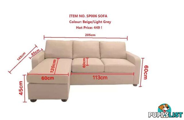 Brand New Fabric Sofa with chaise/ottoman Beige/Grey colour