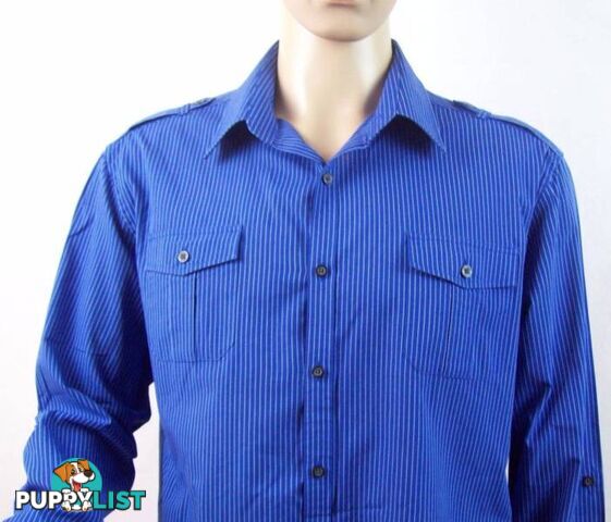 Mens Blue Pinstriped Long Sleeve Casual Formal Dress Shirt - XL