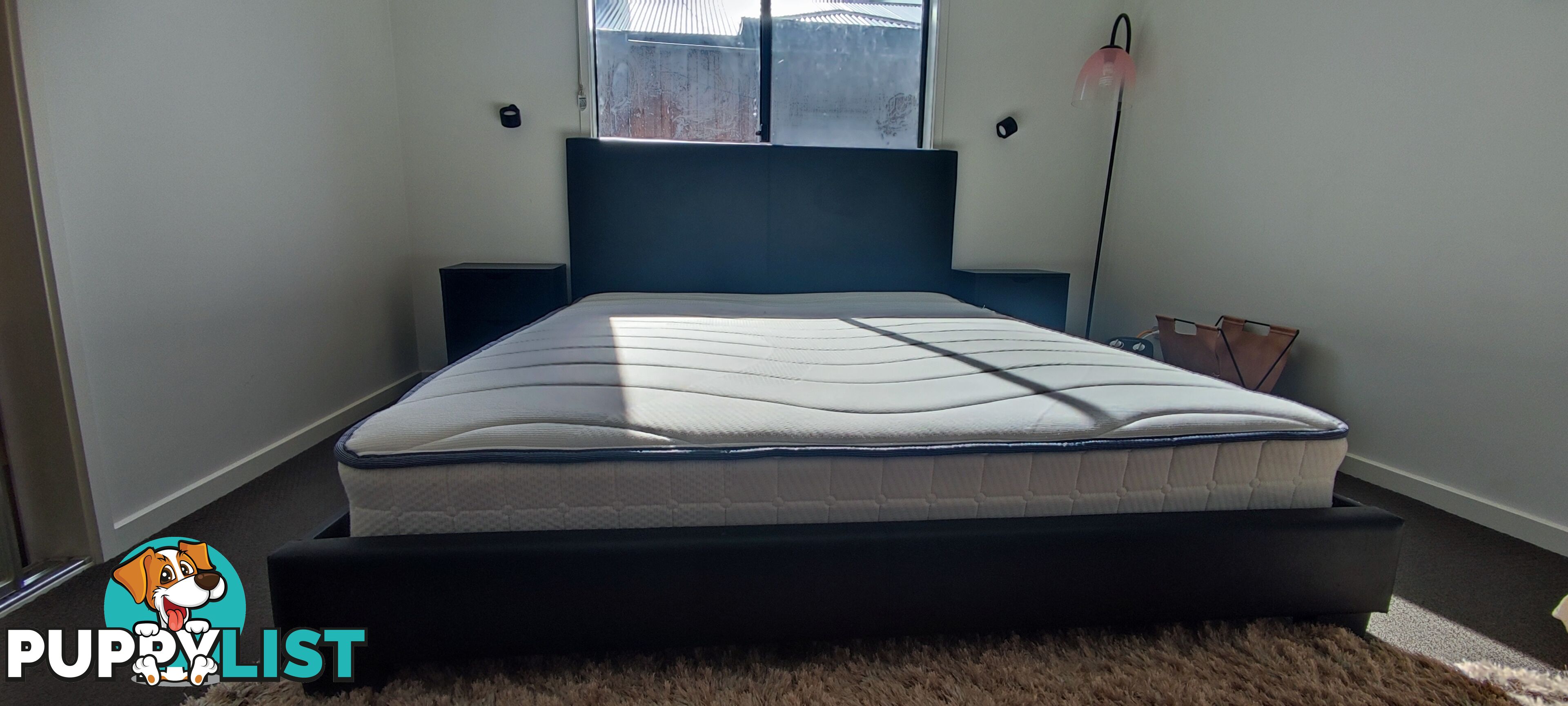 Queen size bed, side tables and mattress