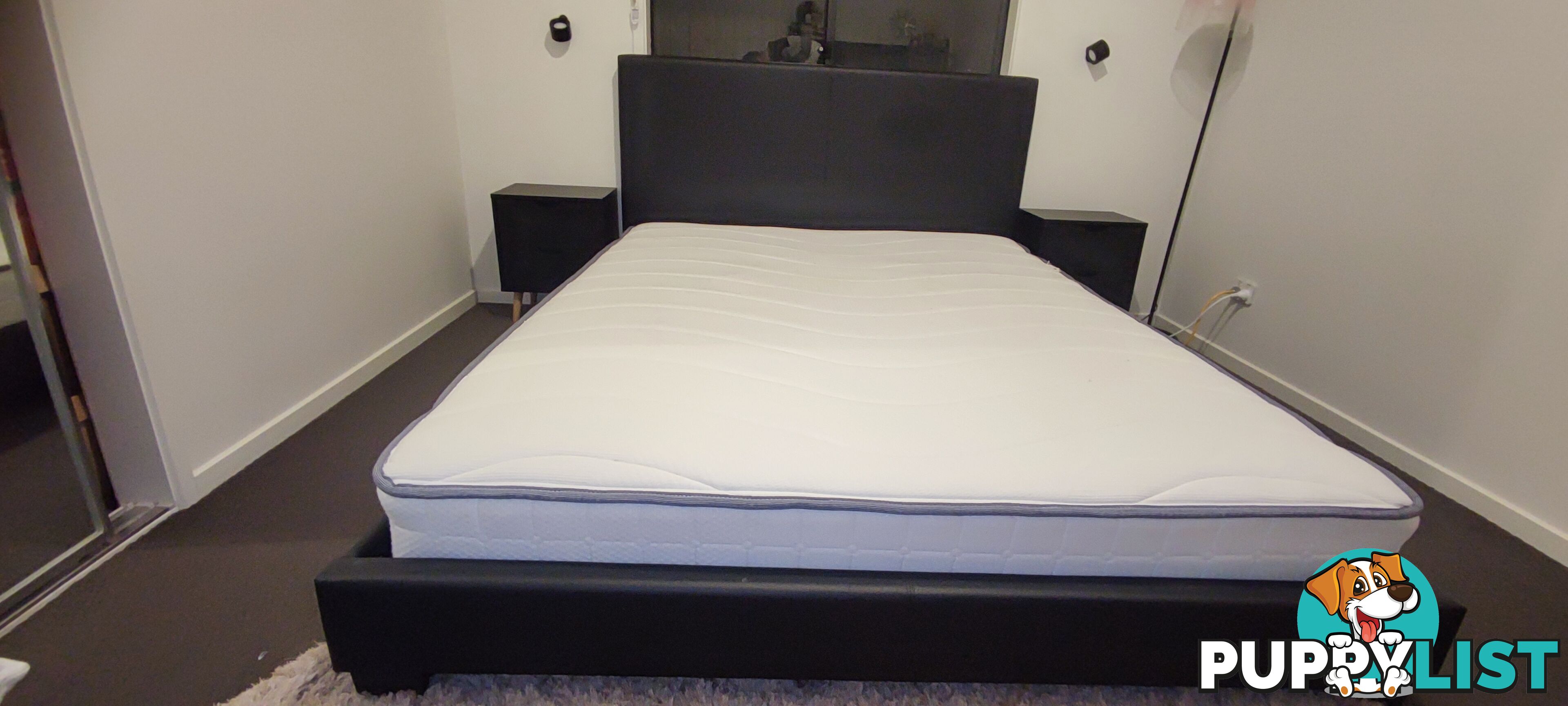 Queen size bed, side tables and mattress