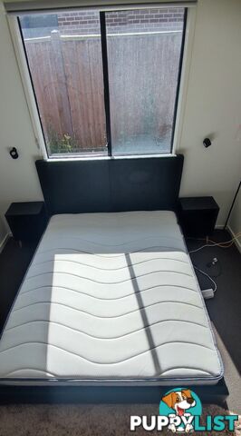 Queen size bed, side tables and mattress