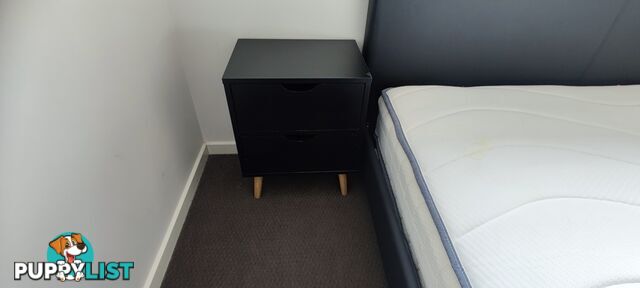 Queen size bed, side tables and mattress