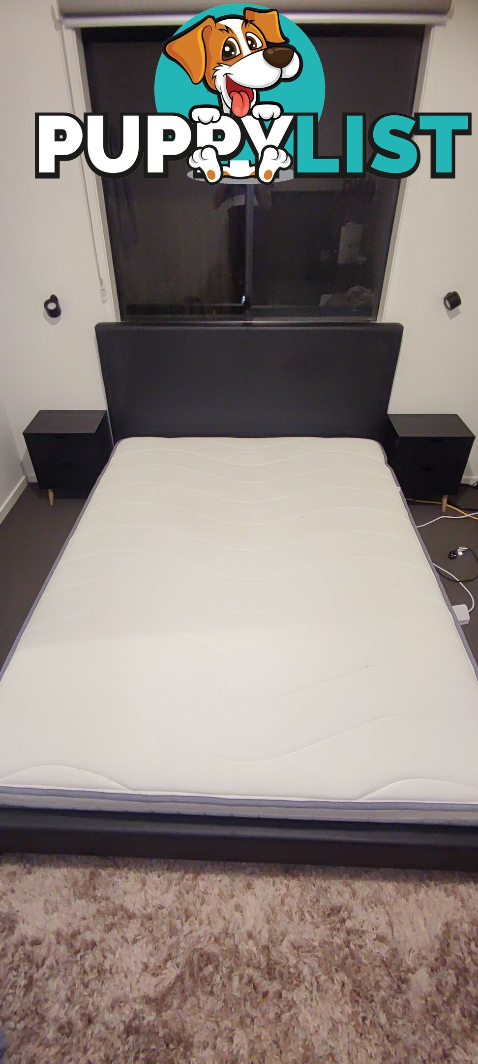 Queen size bed, side tables and mattress