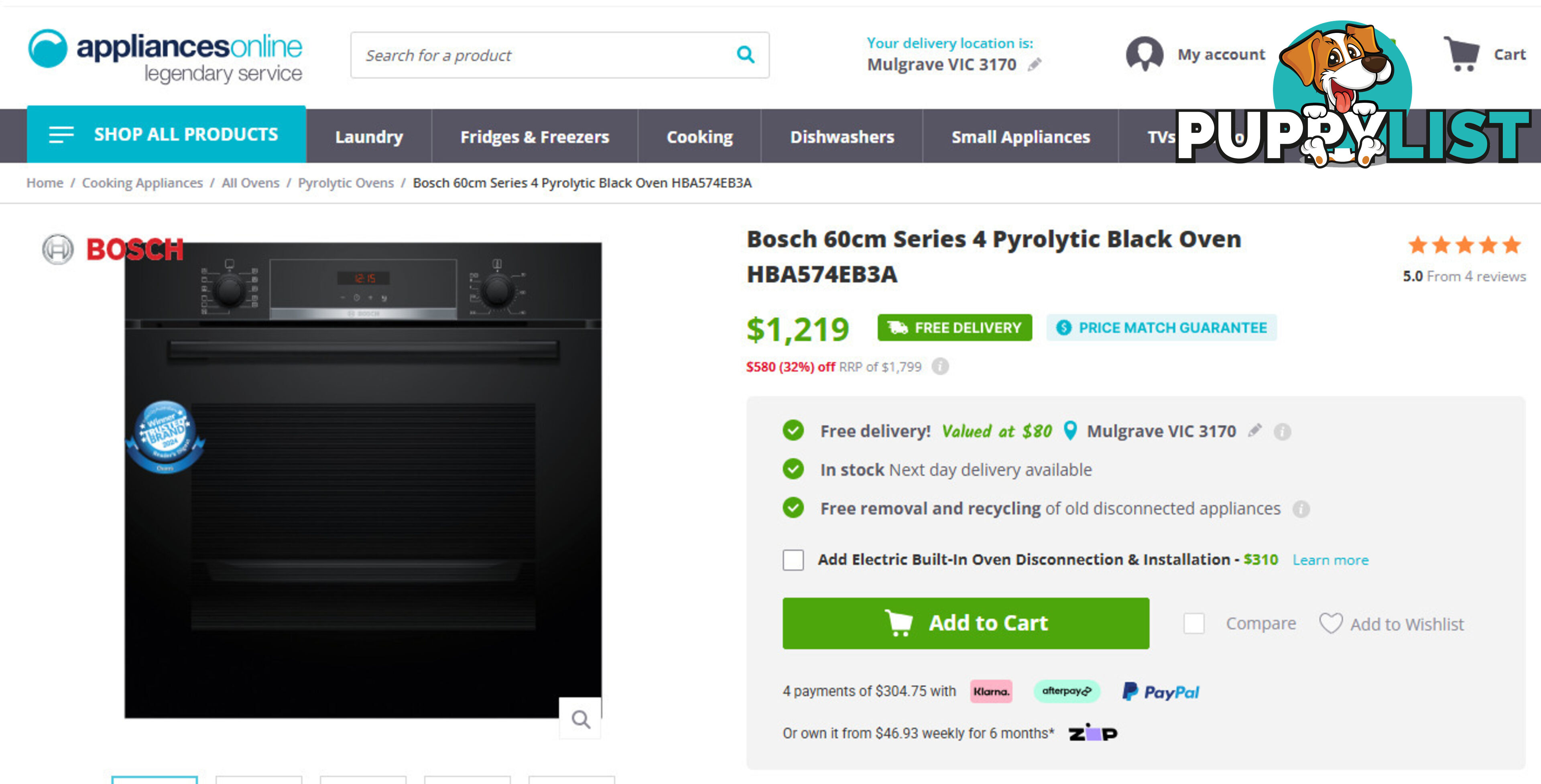 Bosch 60cm Series 4 Pyrolytic Black Oven **50% OFF RRP** (HBA574EB3A)