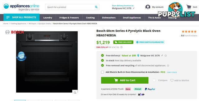Bosch 60cm Series 4 Pyrolytic Black Oven **50% OFF RRP** (HBA574EB3A)