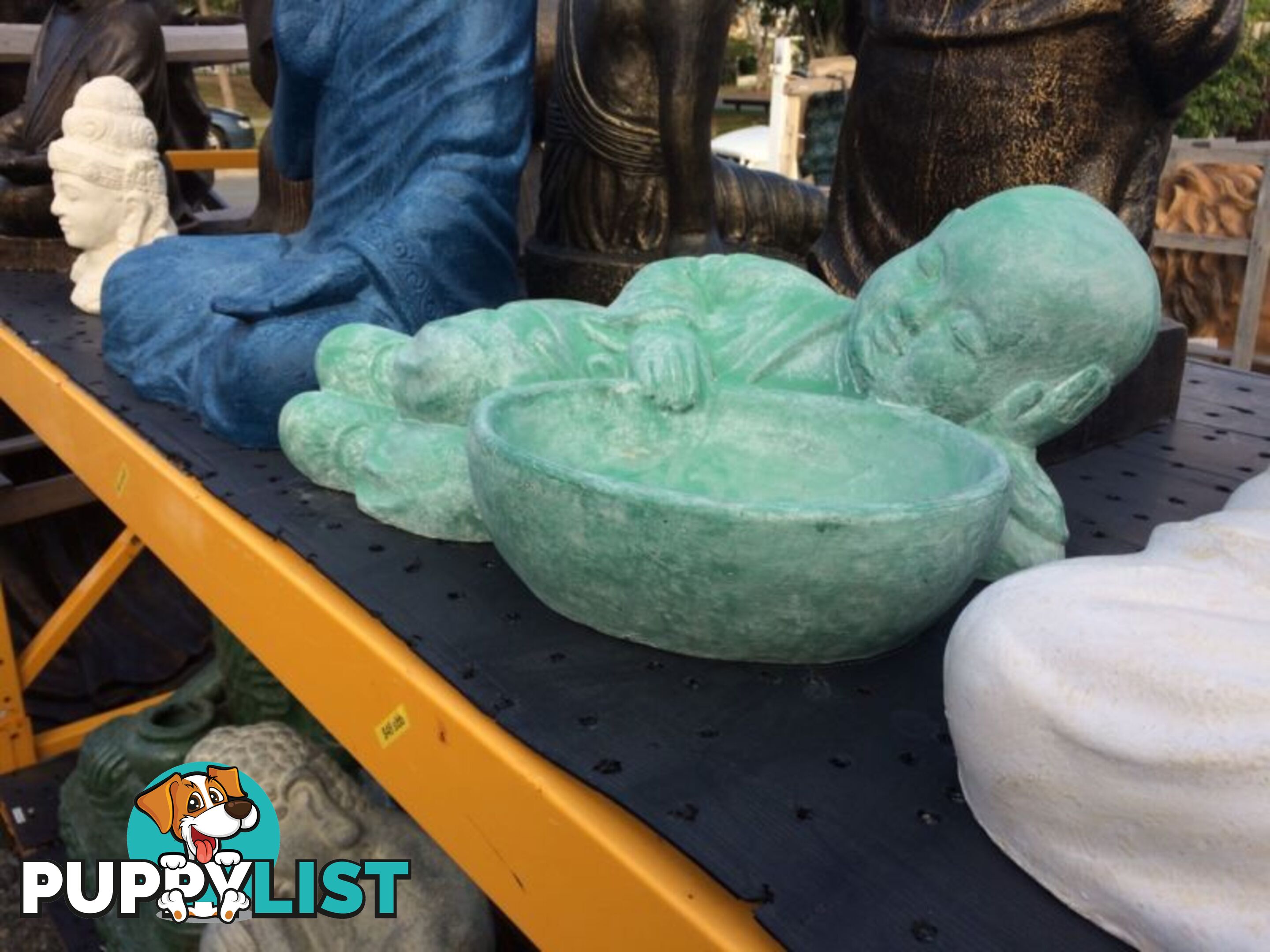 STATUE SLEEPING SHAOLIN w/ BOWL (GREEN WASHED)